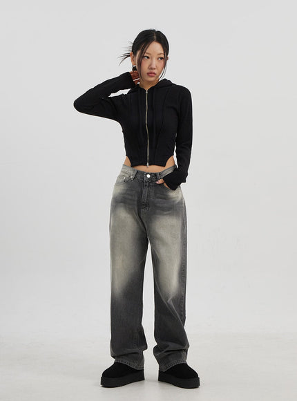 Ribbed Cropped Zip-Up Hoodie CJ330