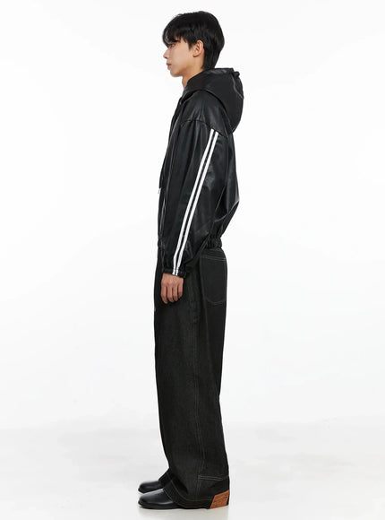 Men's Faux Leather Track Hooded Jacket IO516