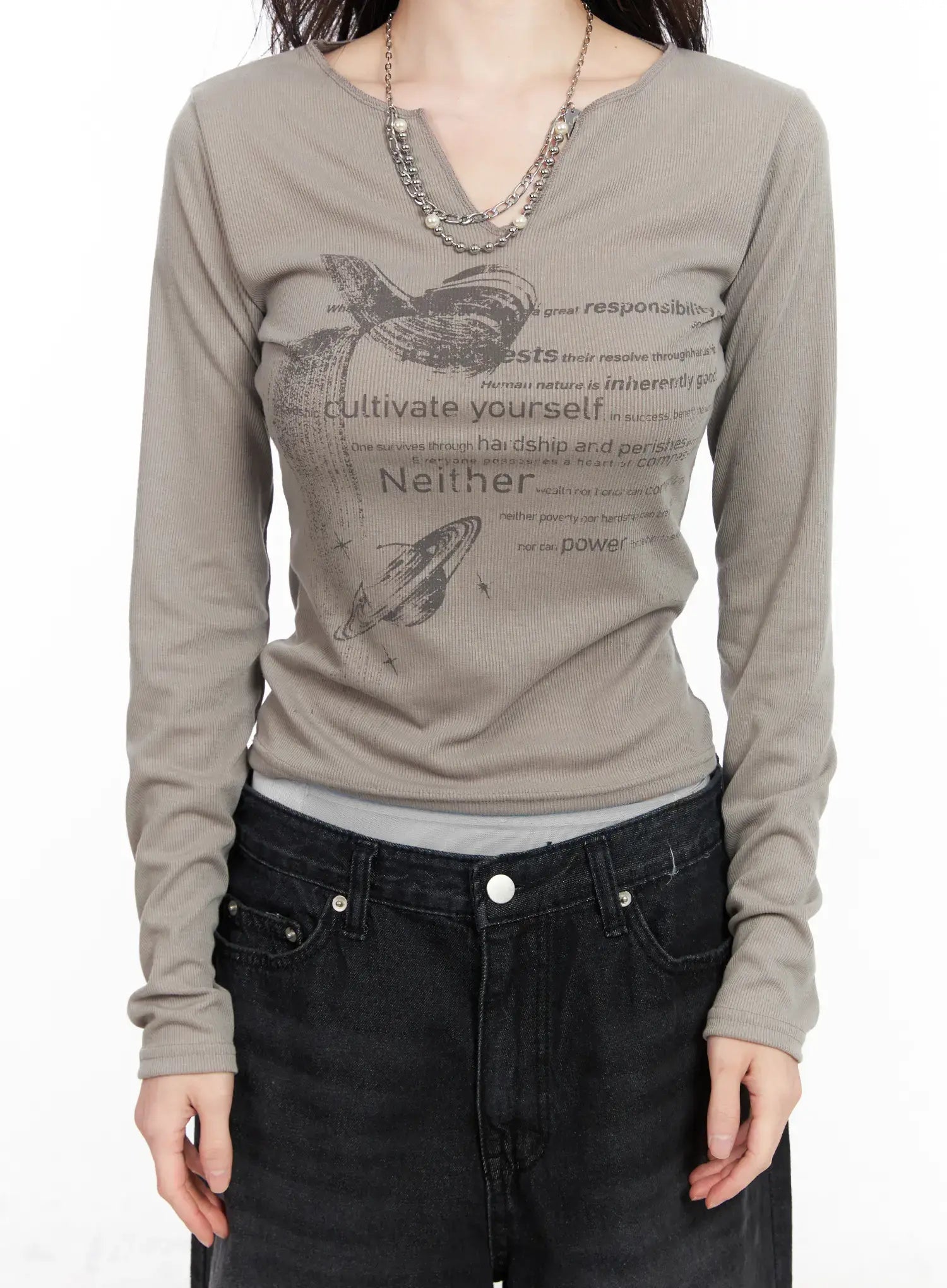 V-Neck Ribbed Graphic Long Sleeve Top CM519