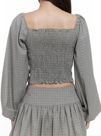 gingham-button-up-puff-sleeve-blouse-cs503