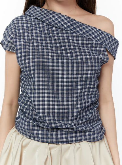 asymmetric-ruched-plaid-blouse-cy519