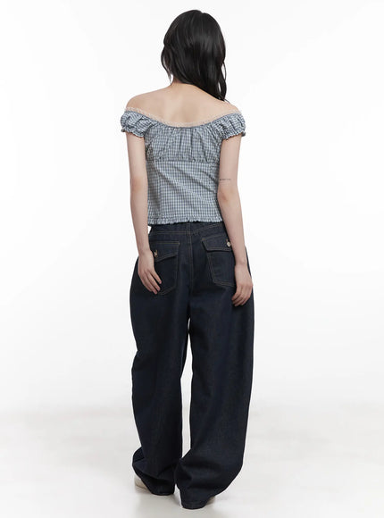 plaid-frill-off-shoulder-top-cu519