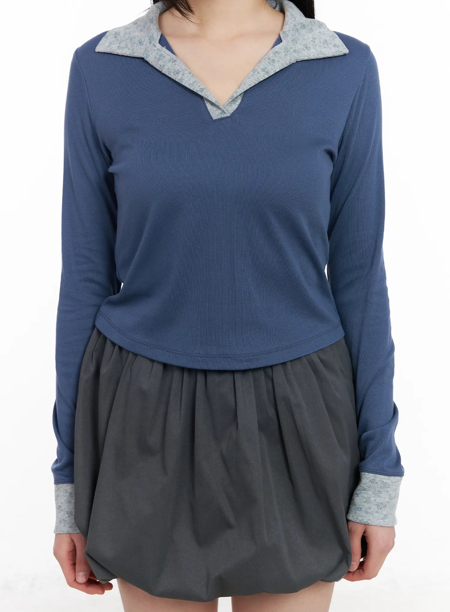 Two-Tone Collar Floral Long Sleeve Tee CM513