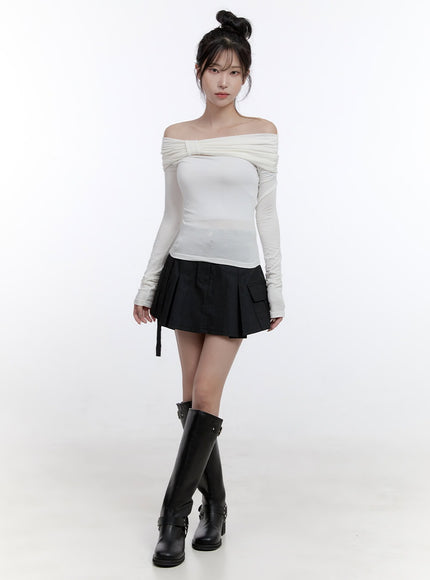 shirred-off-shoulder-solid-t-shirt-co419