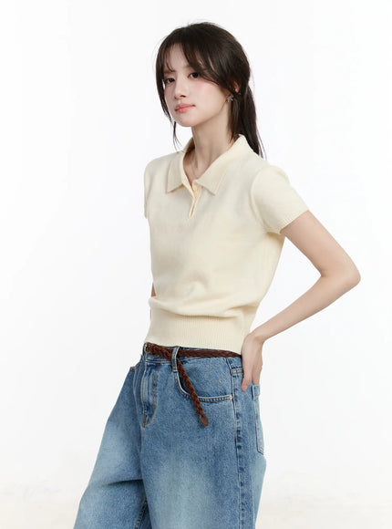 puff-sleeve-collared-short-sleeve-top-cm505 / Light beige