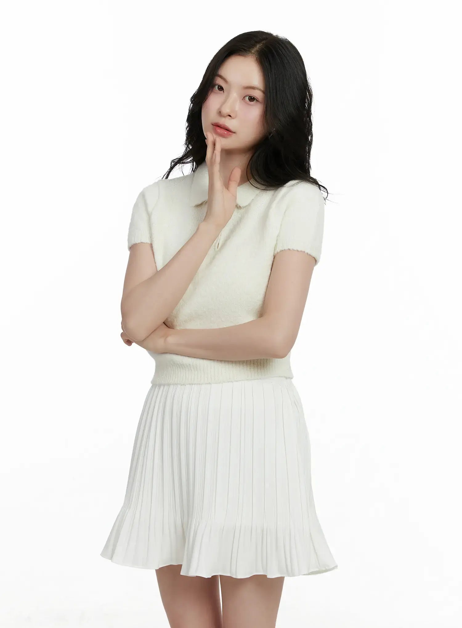 short-sleeve-collar-knit-top-f502 / Light beige