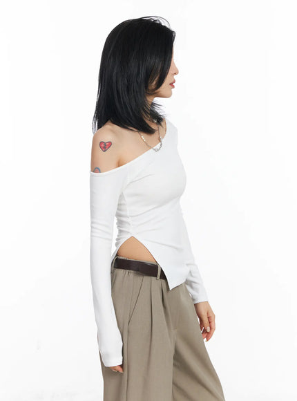 one-shoulder-side-slit-long-sleeve-top-cj522 / White