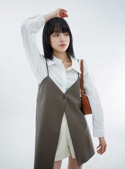 One Button Faux Leather Mini Dress OS29