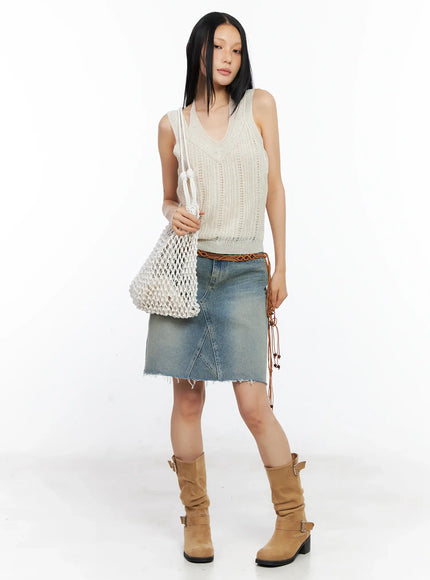 Frayed-Hem Denim Midi Skirt CL529