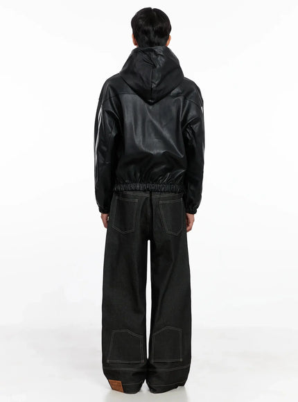 Men's Faux Leather Track Hooded Jacket IO517