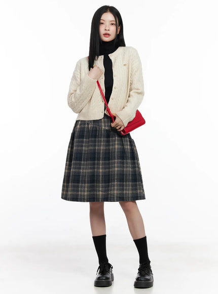 Plaid Button Detail Flare Midi Skirt CJ520