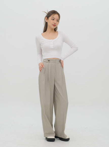 Scoop Neck Long Sleeve T Shirt with Front Buttons CM2