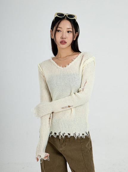 Ripped V-Neck Knit Top CO13