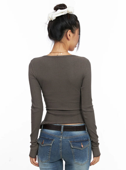 Ribbed U-Neck Button Detail Long Sleeve Top CO514