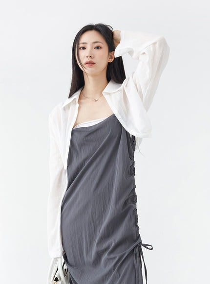 Side Shirring Sleeveless Strap Maxi Dress OG12