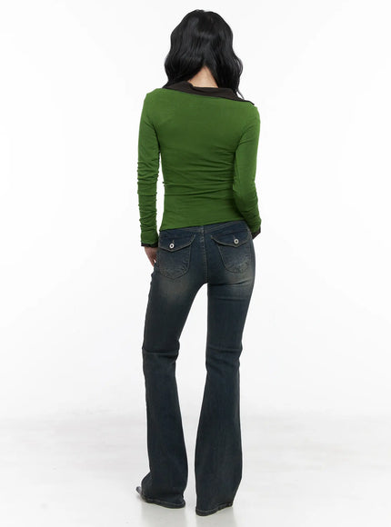 Hazel Button Washed Flared Jeans CN514