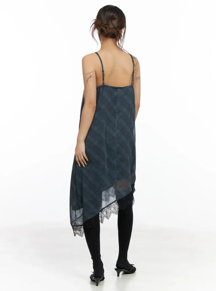 asymmetric-lace-trim-plaid-midi-dress-cf511