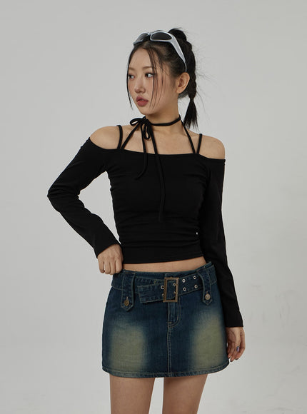 Neck Ribbon Detail Long Sleeve Cropped Top CD21