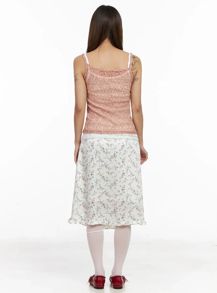 Floral Satin Ruffle Hem Midi Skirt IA527