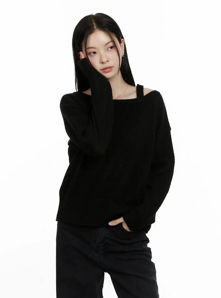 oversized-off-shoulder-knit-sweater-f502 / Black