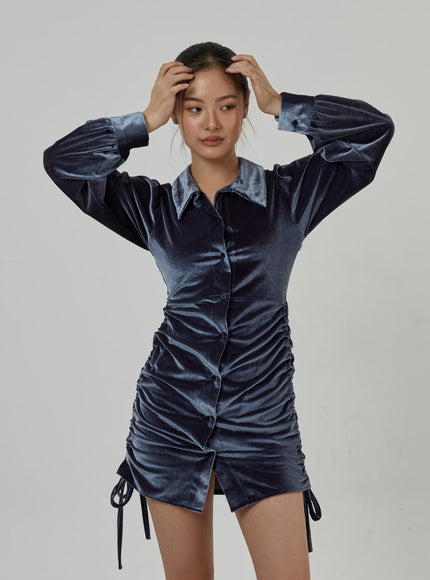 Side Tie Ruching Velvet Long Sleeve Mini Dress CD23