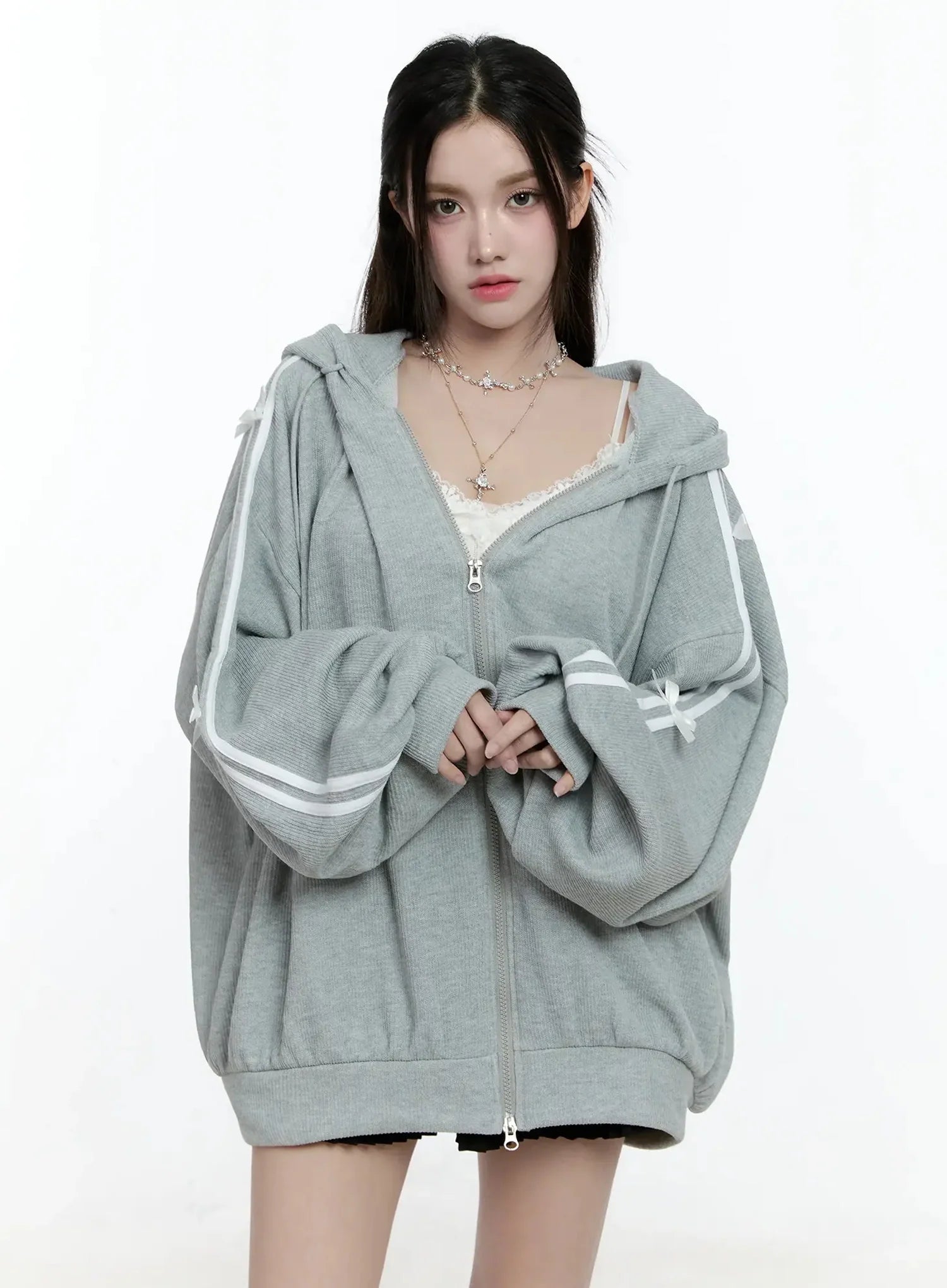 Contrast Oversized Zip-Up Hoodie IO527