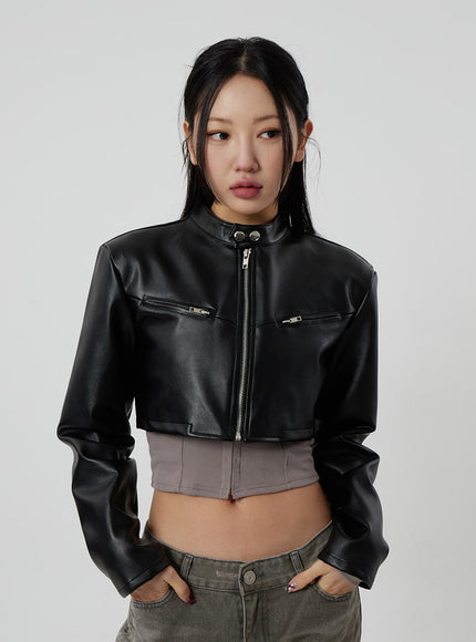Faux Leather Cropped Zip-Up Jacket CF301