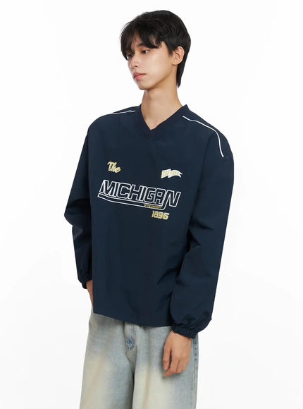 Men's V-Neck Lettering Windbreak Pullover IO516
