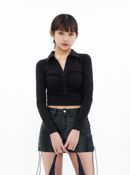 Open Collar Shirring Long-sleeve Top CA01