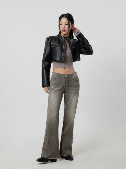 Faux Leather Cropped Zip-Up Jacket CF301