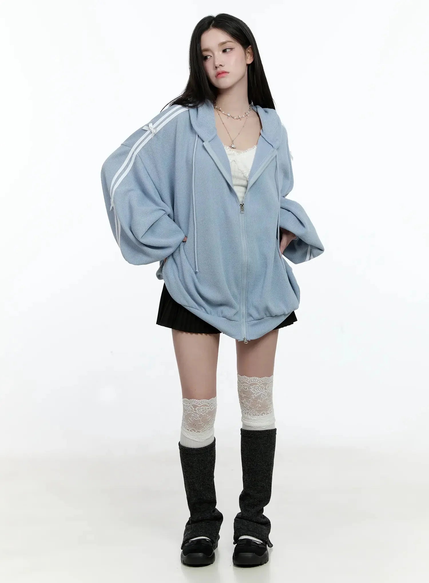 Contrast Oversized Zip-Up Hoodie IO527