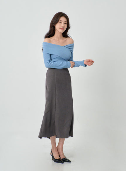 Off-Shoulder Cross Knit Long Sleeve T-Shirt IN07