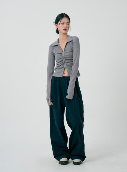 Ruffle Zipper Long Sleeve Top ID08