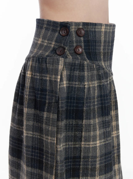 Plaid Button Detail Flare Midi Skirt CJ520