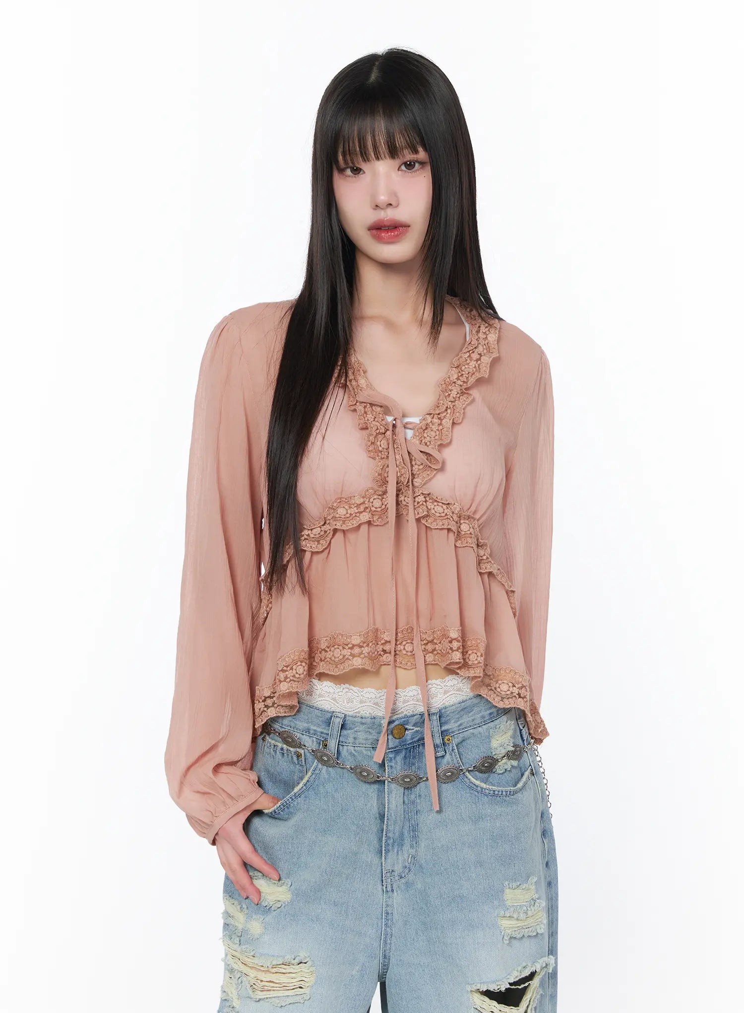 sheer-lace-v-neck-ruffle-blouse-ca528 / Pink