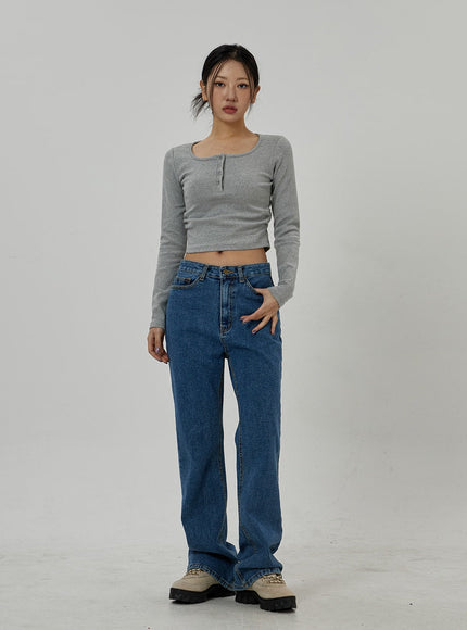 Button Neck Long Sleeve Cropped Top CD21