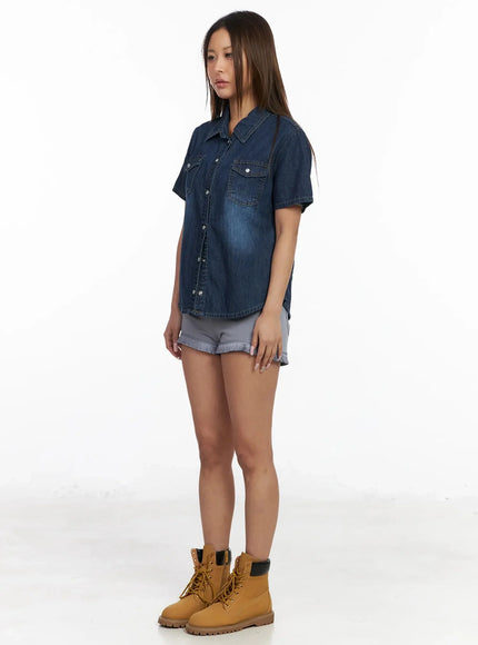 Short Sleeve Denim Button-Up Shirt IY501
