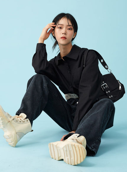 Four Buttoned Open Black Jeans CU8