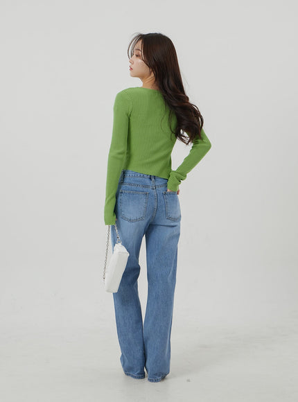 Unbalanced Ribbed Knit Button Cropped Top OJ319