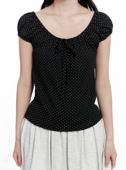 polka-dot-puff-sleeve-ribbon-top-cl516