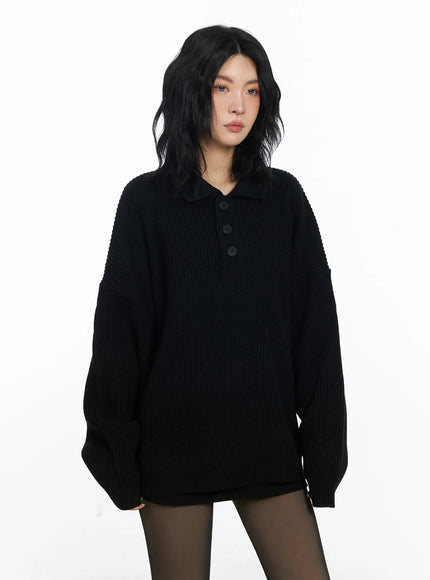oversized-knit-polo-sweater-cj523 / Black