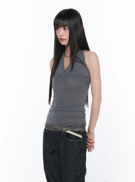 V-Neck Halter Lace Trim Top CA529
