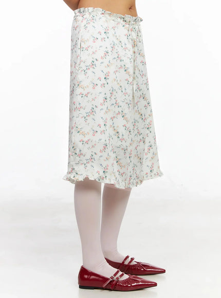 Floral Satin Ruffle Hem Midi Skirt IA527