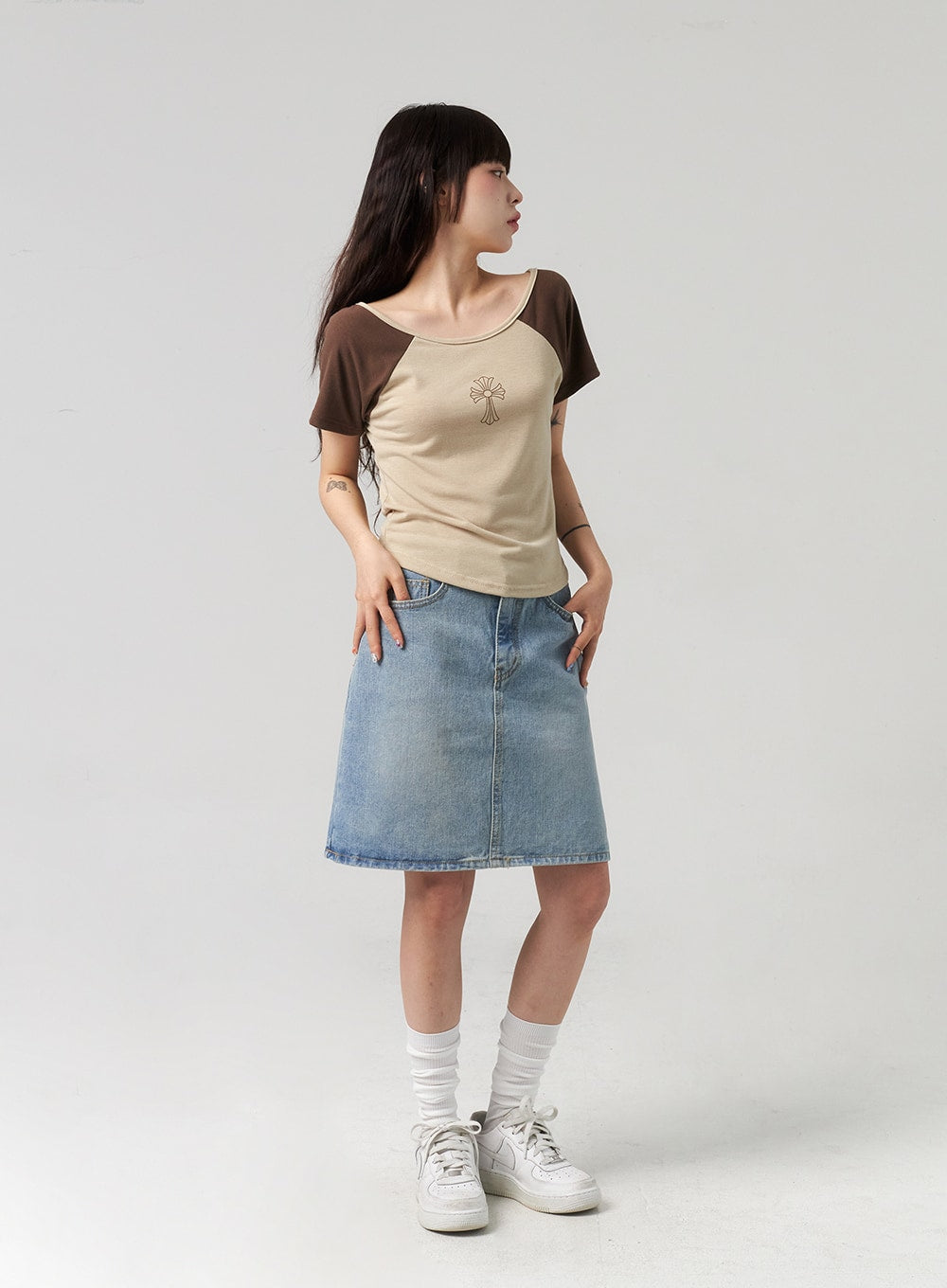 Malcolm Mini Skirt - Contrast Stitch A-line Denim Skirt in White | Showpo  USA