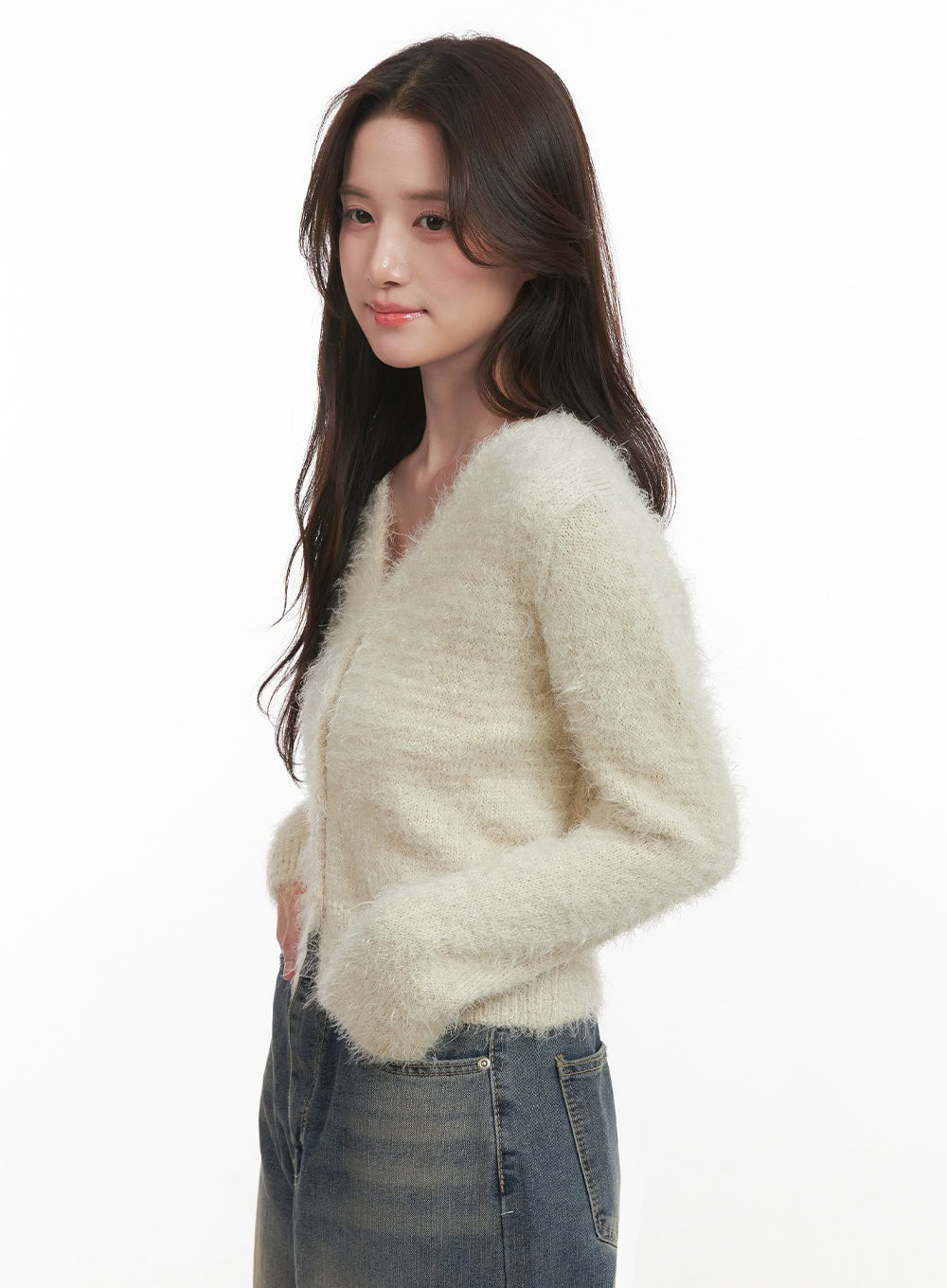 Fuzzy V-Neck Buttoned Crop Cardigan IJ510