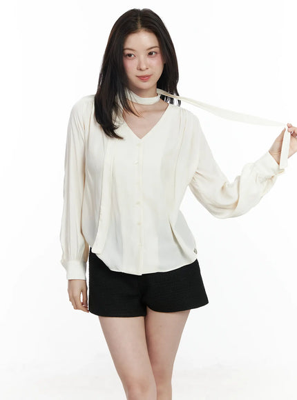 v-neck-shirred-blouse-and-scarf-set-if525