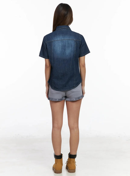 Short Sleeve Denim Button-Up Shirt IY501