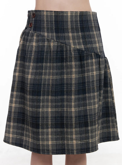 Plaid Button Detail Flare Midi Skirt CJ520