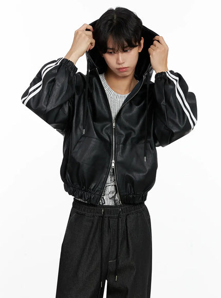 Men's Faux Leather Track Hooded Jacket IO516