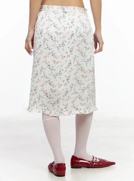 Floral Satin Ruffle Hem Midi Skirt IA527